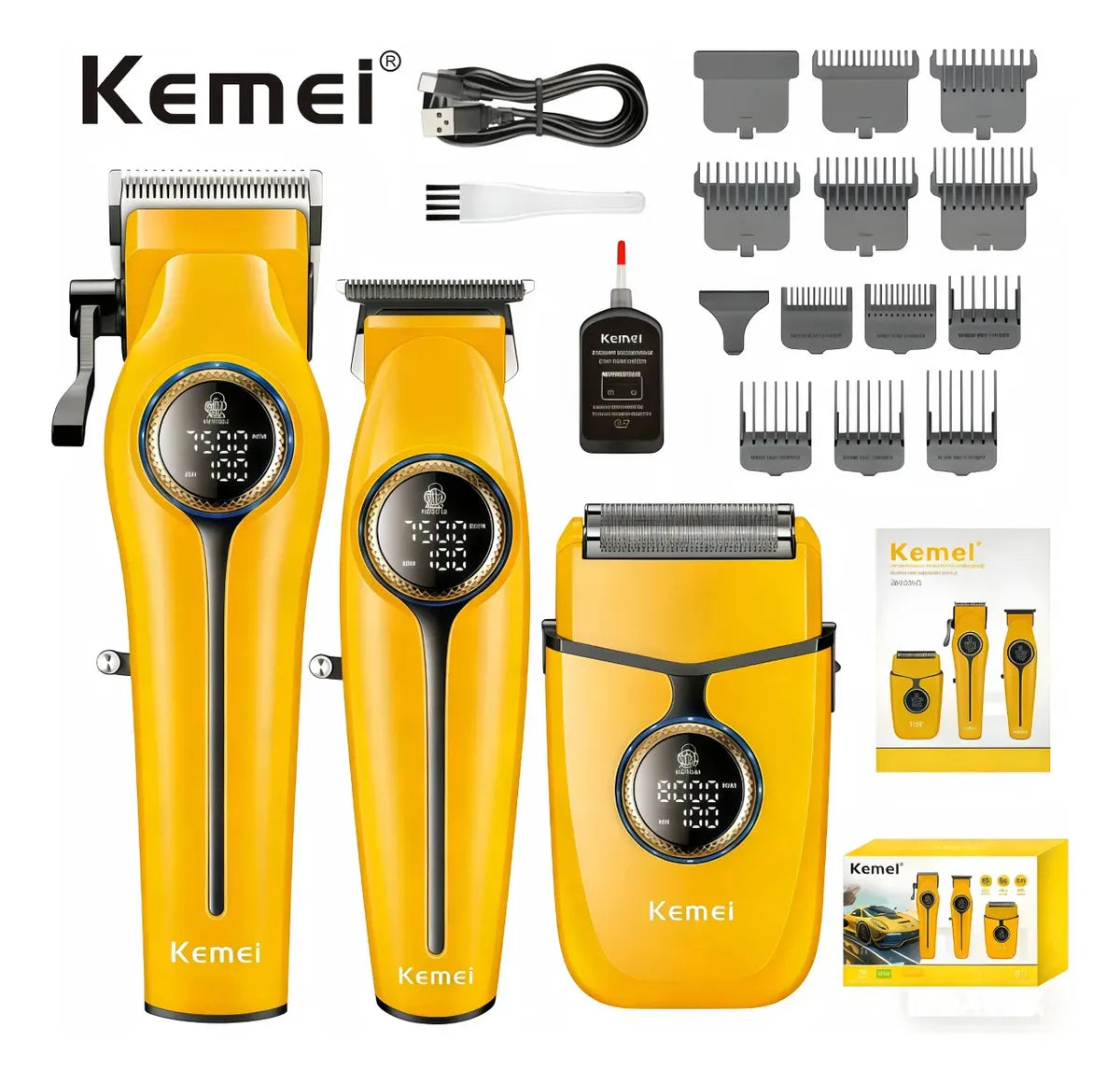 Set 3pzs Trimmer/Clipper/Shaver Yellow - Kemei